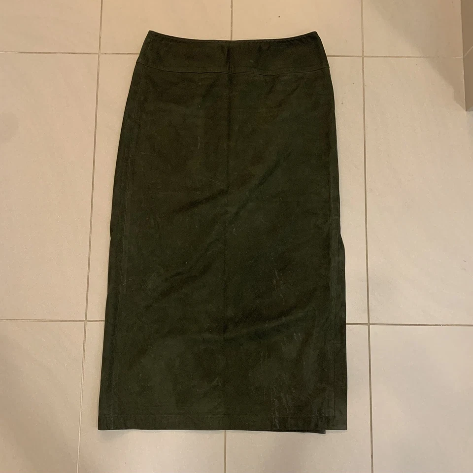 Falda midi vintage de cuero gamuza Ellen Tracy 6 verde cazador $300 Foto 1 de 3