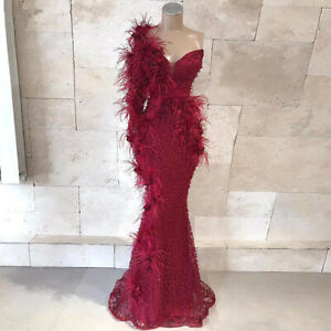 Burgundy Feather Pearls Mermaid Celebrity Party Prom Dress Evening Pageant Gown
