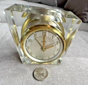 Vintage ART DECO Bradley Square CLEAR Glass Decorative Desk Clock WORKS UNIQUE - Picture 1 of 15