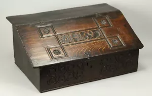 = IMPORTANT 1692 "Slant-Top" Oak Bible Box Anglo-American, Carved Initials MH - Picture 1 of 12