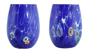 Par de vasos de arte para beber sin cristal de Murano azul multi millefiori - Imagen 1 de 6