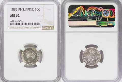 1885 Spain/Philippines 10 Centimos ~ NGC MS62 ~ Silver ~ KM#148 ~ KK1 Cover