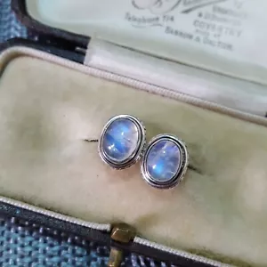 Vintage 925 Sterling Silver Stud Earrings, Genuine Moonstone Gemstones Studs - Picture 1 of 7