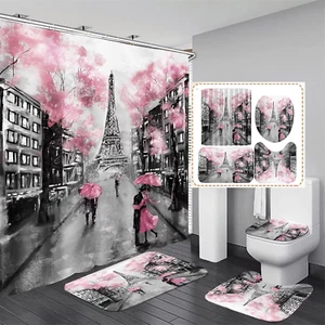 Chrainy 4Pcs Paris Eiffel Tower Pink Shower Curtain Sets Bathroom Set Decor with - Picture 1 of 12