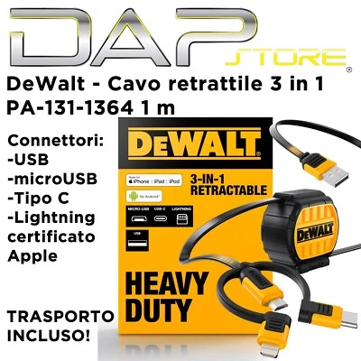 DeWalt - Adattatore cavo retrattile 3 in 1 DeWalt - cavo steso 90cm + trasporto! - Immagine 1 di 4