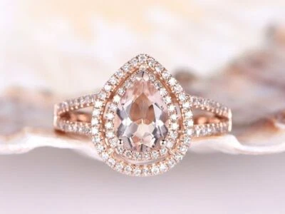 1.2ct Natural Morganite Diamond Double Halo Engagement Ring 14k SOLID Rose Gold - Image 1 of 4