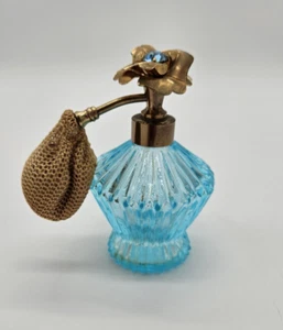 Vintage Mid Century Blue Ribbed Rhinestone Glass Atomizer Pump Perfume Bottle - Picture 1 of 5