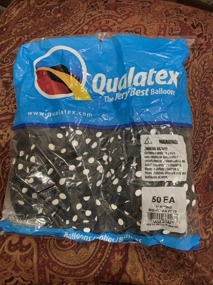 11” Round Black Qualatex White Polka Dots Balloons, 50ct - Image 1 of 1