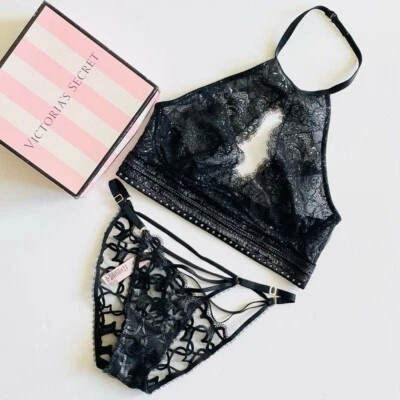 MEDIUM Victoria’s Secret black high neck bralette bra set bikini panties - Image 1 of 4