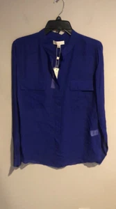 Blusa Erin Fetherston blu semi trasparente manica lunga 100% seta bottoni taglia med - Foto 1 di 6