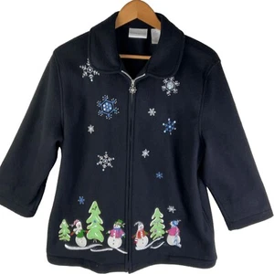 Alfred Dunner Black Fleece Christmas Zip Front Jacket Women's Size M - Picture 1 of 10