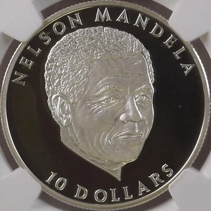 LIBERIA. 2001, 10 Dollars, Silver  - NGC PF70, Top Pop🥇 Nelson Mandela - Picture 1 of 6
