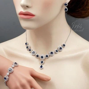 Women Blue Cubic Zirconia Necklace Bracelet Earrings Jewelry Set Gift 2556 - Picture 1 of 10