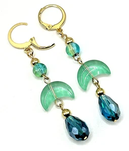 Turquoise/Blue/Green/Teal Glass Crescent Moon Leverback Dangle Drop Earrings - Picture 1 of 6