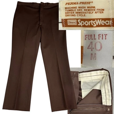 Vintage Sears Sportswear Brown Polyester Pants 40 X 30 No Belt High Rise Waist - Image 1 of 4