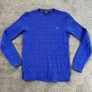Classic 90s Small Polo Ralph Lauren Cable Knit Dark Blue Sweater Red Pony Womans - Picture 1 of 7