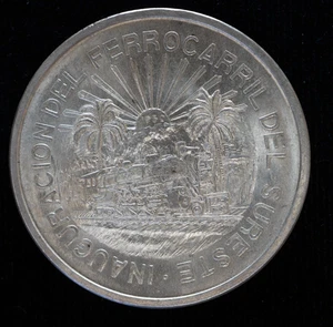 Raro 1950 México Plata 5 Pesos - Inauguración Del Ferrocarril Del Sureste - Imagen 1 de 2