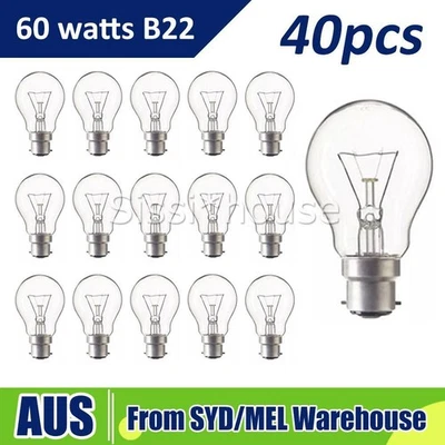 40Pack 60W Incandescent Light Globes Bulbs B22 Bayonet Warm White Dimmable Clear - image 1 of 4