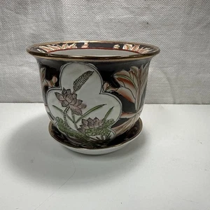 "Maceta asiática de cerámica pintada a mano negra con patrón floral de 4,5"" cerámica estampada" - Imagen 1 de 14