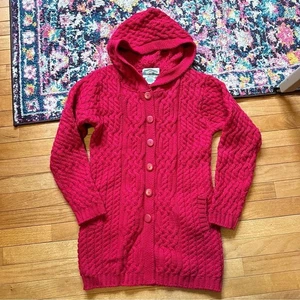 Aran Crafts Merino Wool Fisherman Cable Knit Hooded Button Front Sweater Womens - Picture 1 of 6