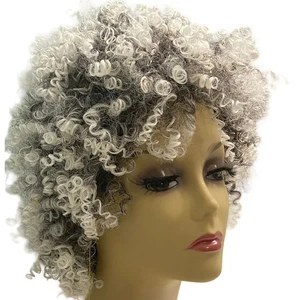 Spirale Locken Afro Perücke Echthaar Mischung Schwarz Silber Weiß AVG Größe Neu mit Etikett - Bild 1 von 13