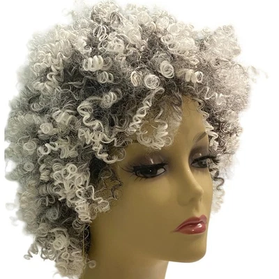 Spiral Curls Afro Wig Human Hair Blend Black Silver White AVG Size NWT - Image 1 of 4