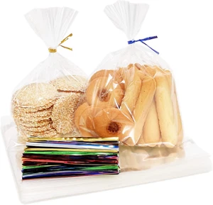 Treat Bags Clear Cellophane Bags with 4’’ Twist Ties, 100PCS 6X10 Plastic Cello - Picture 1 of 5