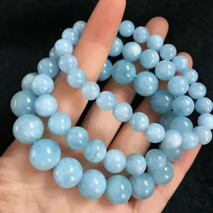 Natural Light Blue Aquamarine 6/8/10/12mm Round Gems Beads Elastic Bangle 7.5'' - Picture 1 of 8