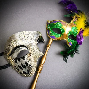 Silver Venetian Phantom Half Face w/ Stick Mardi Gras Green Purple Feather - Picture 1 of 5