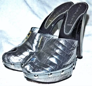 Casadei Platinum Silver Chrome Crocodile Print Pump Slip-On PeepToe Clogs Heels  - Picture 1 of 9
