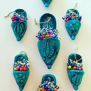 Ceramic Slipper Turkish Turquoise Ornament Charm Evil Eye Amulet Wall Pendant - Picture 1 of 12