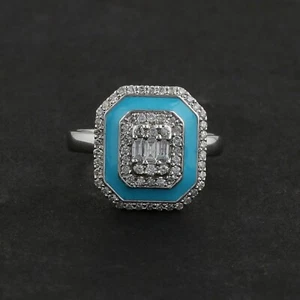 0.50 Ct Lab Grown CVD Diamond Octagon Ring 14k Solid White Gold Blue Enamel - Picture 1 of 8