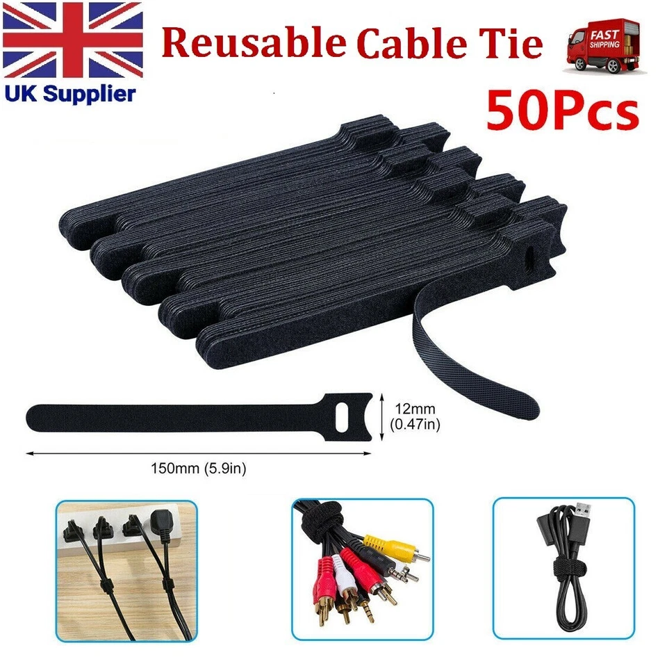 50 PCS Adjustable Releasable Reusable Hook And Loop Cable Ties, Cable Tidy Strap - Image 1 of 4