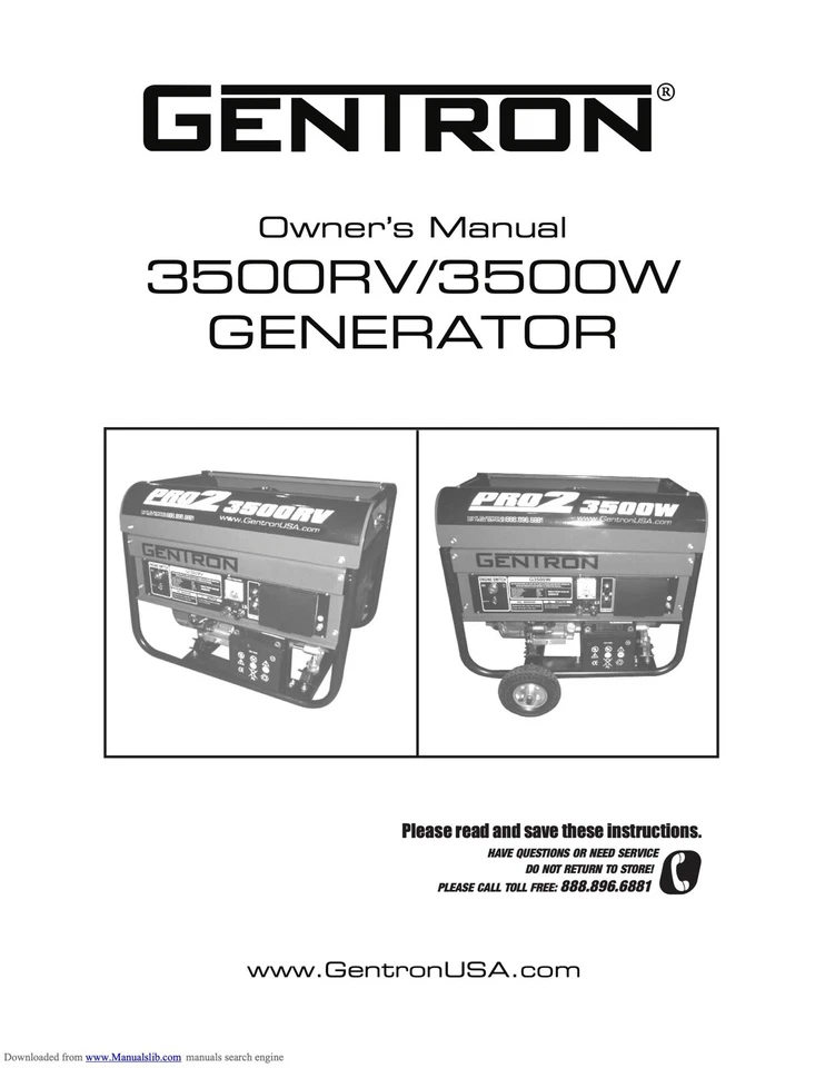 Owners Manual Instructions Gentron 3,500-Watt Pro2 Portable Electric Generator - Изображение 1 из 3