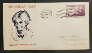 1934 FDC Mother's Day 20th Anniversary Cachet Washington DC to New York NY - Picture 1 of 2