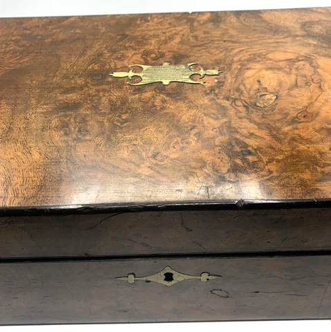 1870s Burl Wood Travel Writing Desk Velvet Bedford Teacher Gift Antique Box Cover