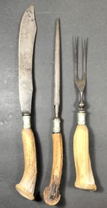 Vintage Putnam Cutlery Co Carving Set Stag Tip 1850 Knife, Fork & Sharpener Lot - Picture 1 of 14