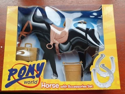 NEW PONY WORLD Black Horse with Accessories set horses play set plush Horse toy