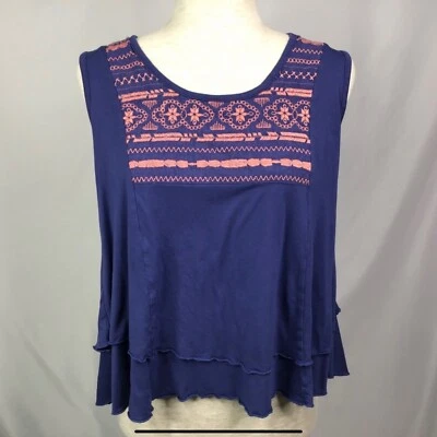 Paper Crane Size M Tank Top Boho Floral Embroidered Sleeveless Festival Blue - Image 1 of 4