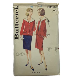 Vintage Butterick 3040 Pattern Misses 10-16 Jacket Sailor Collar Top Skirt Cut  - Picture 1 of 4
