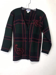 Vintage Pendleton Wool Sweater Cardigan Tartan Plaid Paisley Red Small Petite - Picture 1 of 9