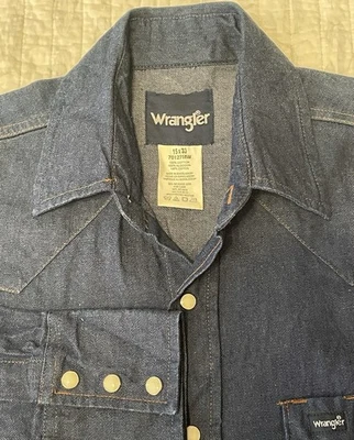 复古 90 年代牧马人牛仔珍珠扣西部衬衫男式•15x33 蓝色深棉 — 第 1/4 张图片