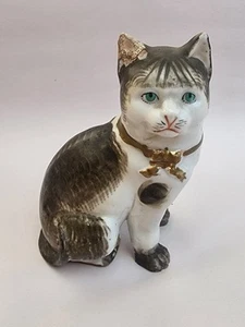 Staffordshire Cat Spongeware with Gold Ribbon 5.5" c. 1860 Great Face - Picture 1 of 4