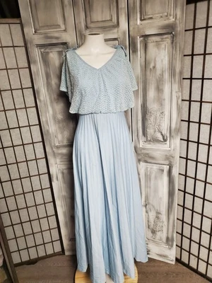 Vestido maxi vintage anos 70 XS formatura anfitriã mod hippie boho dividido manga de crochê pregas - Imagem 1 de 4