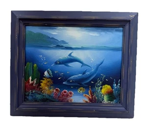 Original Handgemälde 11x13 Leinwand gerahmt Delfine Küste Wandbild signiert - Bild 1 von 7