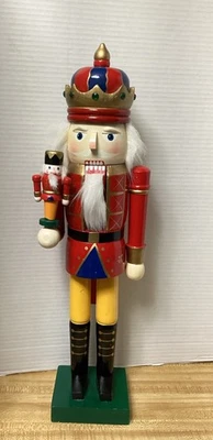 Vintage Large 20”x6” Wooden Nutcracker King Holding Little Solider Red Gold Blue - Image 1 of 4