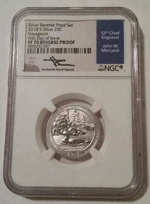 NGC 2018 S Silver Voyageurs NP Quarter Reverse Proof PR70 FDI Mercanti Signed - Image 1 of 2
