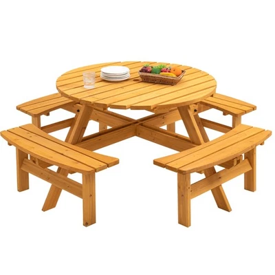 Mesa de piquenique de madeira para 8 pessoas, mesa de jantar para acampamento ao ar livre com assento, jardim - Imagem 1 de 4