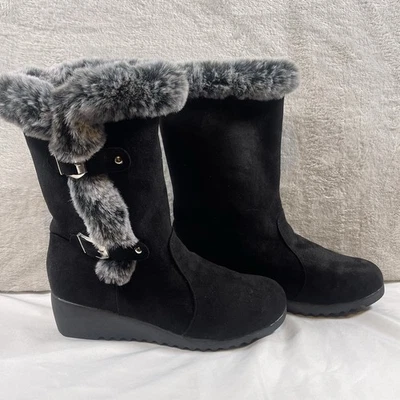 Bota de Invierno Mujer 9.5 Negra Forrada de Piel Cuña Informal Cálida Y2K Estilo Callejero Foto 1 de 4