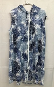 Womens Pool Beach Cover Up 1X Hooded Zip Sleeveless Stretch Blue Palm Portocruz - Picture 1 of 14